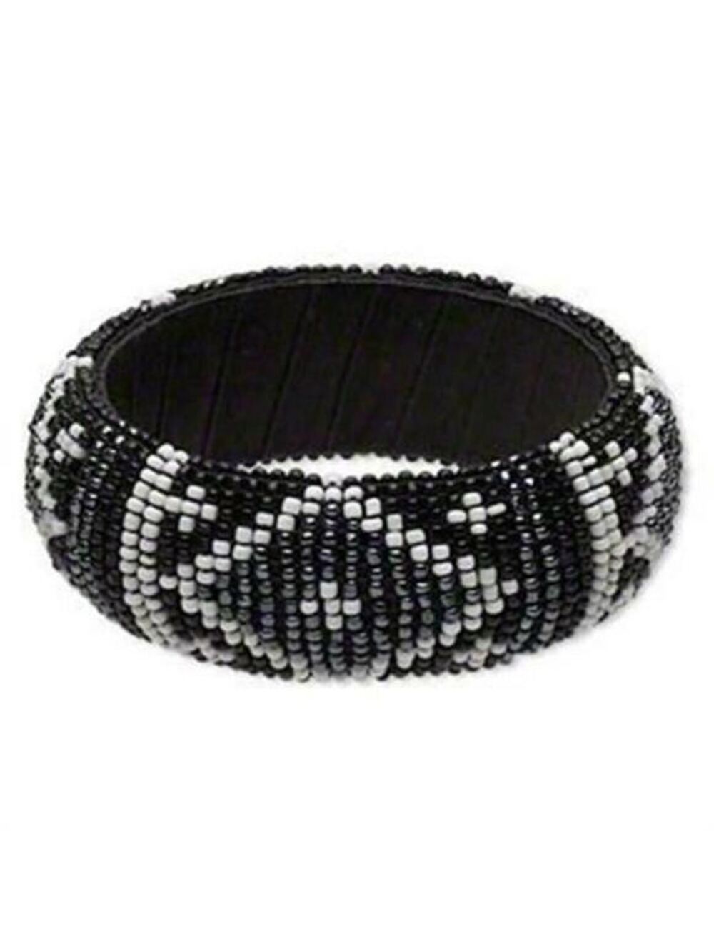 Hand Crafted India Beaded Bangle Bracelet Black Gunmetal White Tribal Fair Trade